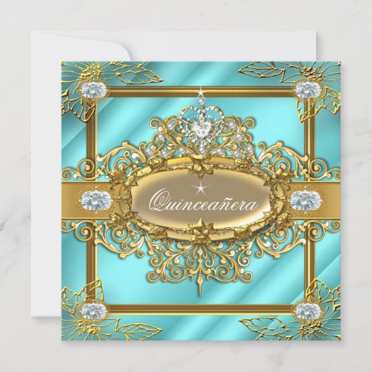Elite Quinceanera Blauwgroen blauw Goud Damask 15e Kaart (Voorkant)
