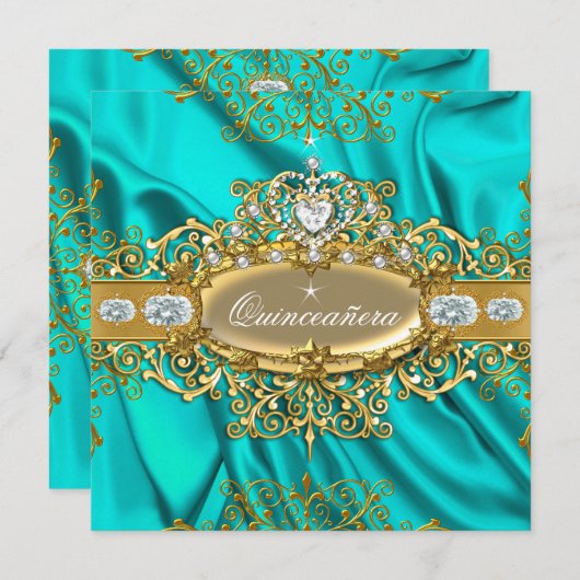 Elite Quinceanera Blauwgroen Silk Silver Gold Part Kaart (Voorkant / Achterkant)