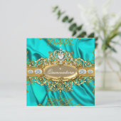 Elite Quinceanera Blauwgroen Silk Silver Gold Part Kaart (Staand voorkant)