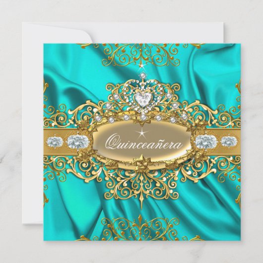 Elite Quinceanera Blauwgroen Silk Silver Gold Part Kaart (Voorkant)