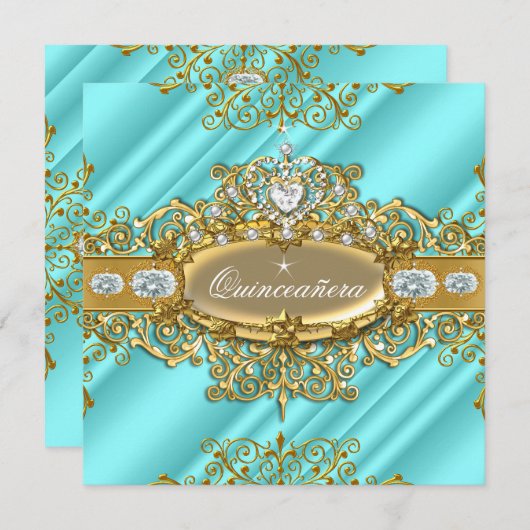 Elite Quinceanera Blue Blauwgroen Silver Gold 15e  Kaart (Voorkant / Achterkant)