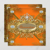 Elite Quinceanera Oranje Gold Damask 15e partij Kaart (Voorkant / Achterkant)