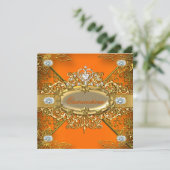 Elite Quinceanera Oranje Gold Damask 15e partij Kaart (Staand voorkant)