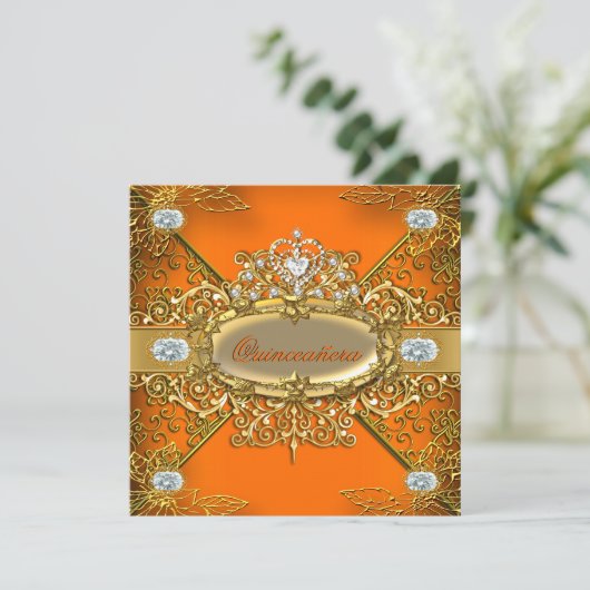 Elite Quinceanera Oranje Gold Damask 15e partij Kaart (Staand voorkant)