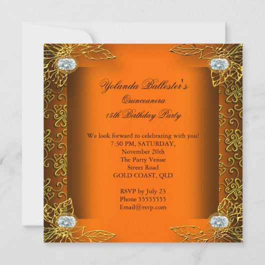 Elite Quinceanera Oranje Gold Damask 15e partij Kaart (Achterkant)