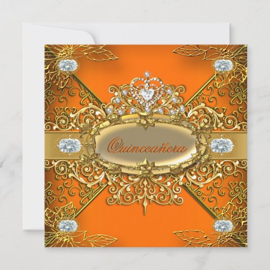 Elite Quinceanera Oranje Gold Damask 15e partij Kaart (Voorkant)