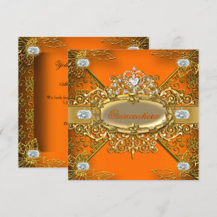 Elite Quinceañera Oranje Goud Damast 15de Feestje Kaart