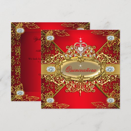 Elite Quinceanera Regal Red Gold Damask 15e partij Kaart (Voorkant / Achterkant)