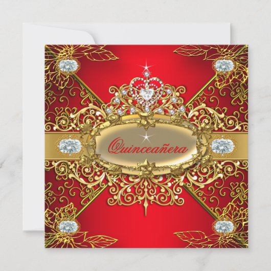 Elite Quinceanera Regal Red Gold Damask 15e partij Kaart (Voorkant)