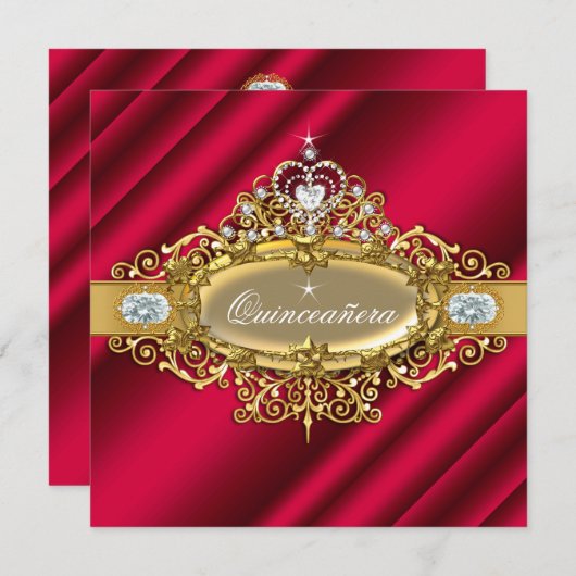 Elite Quinceanera Rich Red Gold Damask 15e partij Kaart (Voorkant / Achterkant)