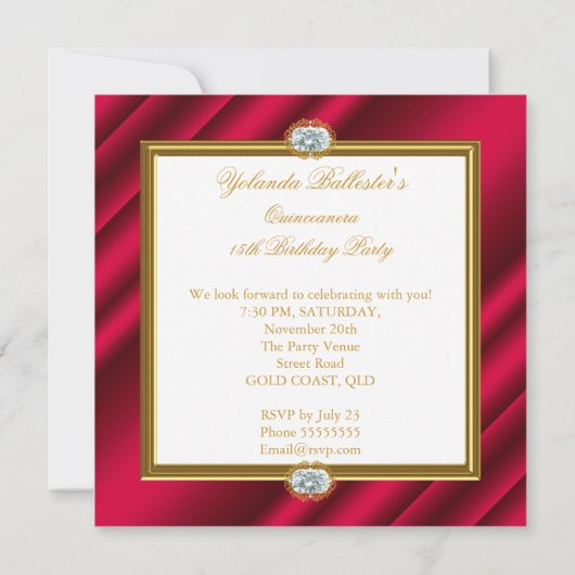 Elite Quinceanera Rich Red Gold Damask 15e partij Kaart (Achterkant)