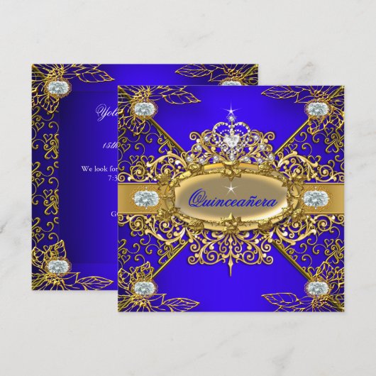Elite Quinceanera Royal Blue Gold Damask 15/2 Kaart (Voorkant / Achterkant)