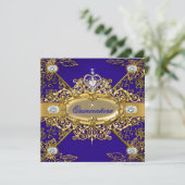 Elite Quinceanera Royal Blue Gold Damask 15 Kaart (Staand voorkant)