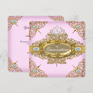 Elite Quinceanera Roze Gouden Damast 15de Feestje Kaart