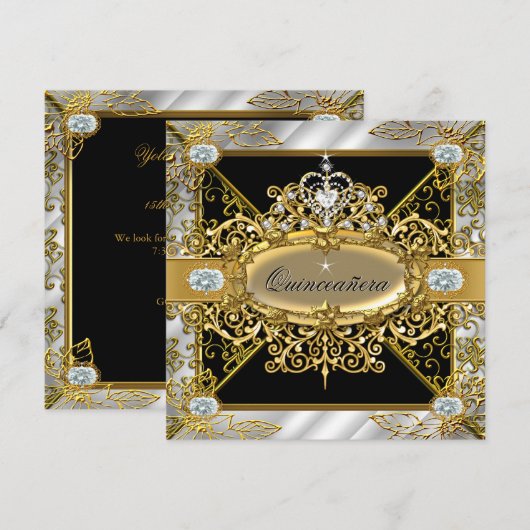 Elite Quinceanera Silver Gold Black Damask 15 jaar Kaart (Voorkant / Achterkant)