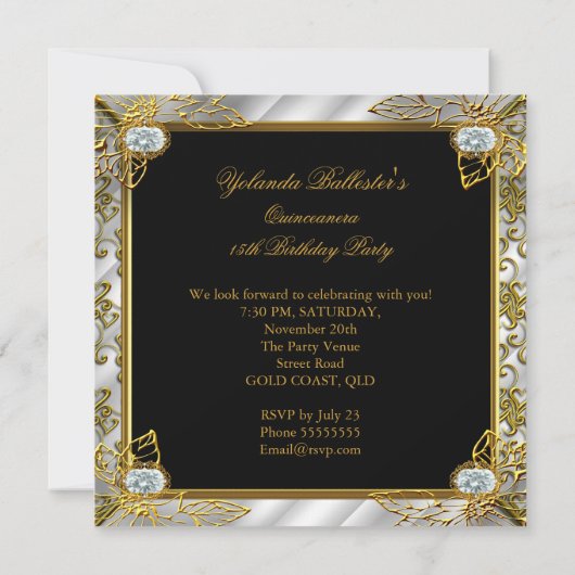 Elite Quinceanera Silver Gold Black Damask 15 jaar Kaart (Achterkant)