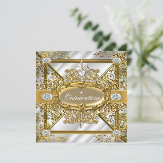 Elite Quinceanera Silver Gold Damask 15e verjaarda Kaart (Staand voorkant)