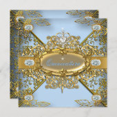 Elite Quinceanera Soft Blue Gold Damask 15th Kaart (Voorkant / Achterkant)