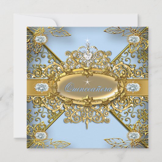 Elite Quinceanera Soft Blue Gold Damask 15th Kaart (Voorkant)