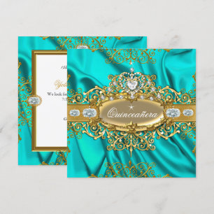 Elite Quinceanera Teal Zijde Zilver Goud Feest Kaart
