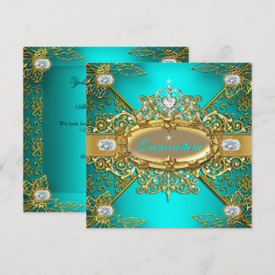 Elite Quinceanera Turkoois Goud Damast 15de Feestj Kaart