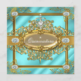 Elite Quinceanera Turquoise Goud Damast 15de Kaart