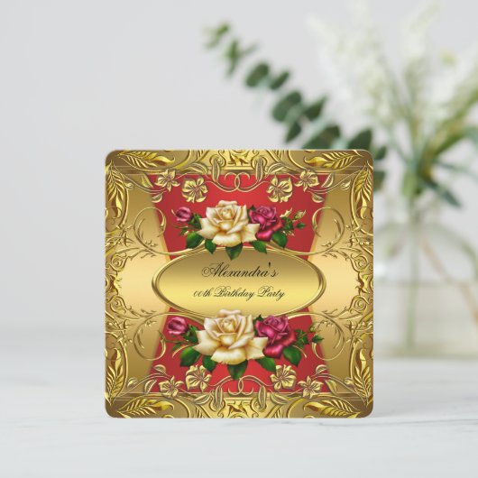 Elite Red Cream Rozen Gold Birthday Party Kaart (Staand voorkant)