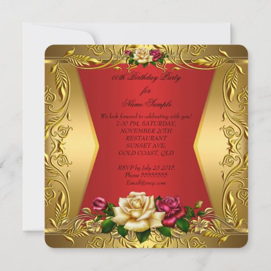 Elite Red Cream Rozen  Gold Birthday Party Kaart (Achterkant)