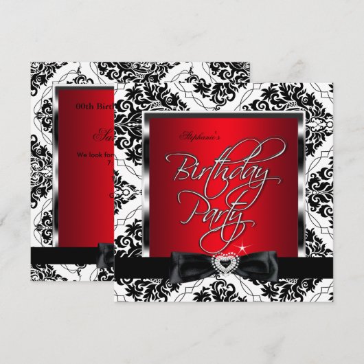 Elite Red Damask Silver Black White Birthday Party Kaart (Voorkant / Achterkant)