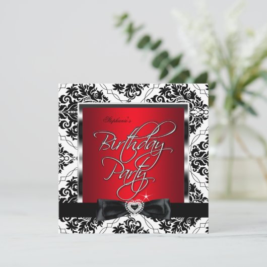 Elite Red Damask Silver Black White Birthday Party Kaart (Staand voorkant)