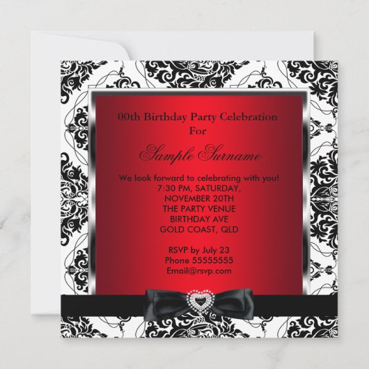Elite Red Damask Silver Black White Birthday Party Kaart (Achterkant)