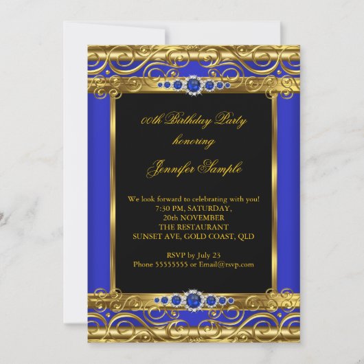 Elite Royal Blue Damask Pearl Birthday Party Kaart (Voorkant)