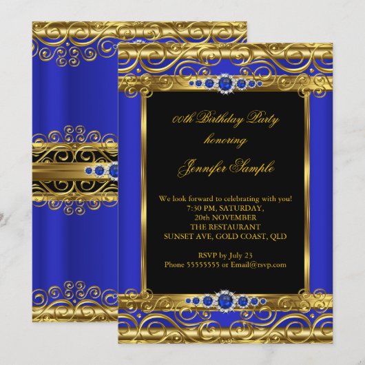 Elite Royal Blue Damask Pearl Birthday Party Kaart (Voorkant / Achterkant)