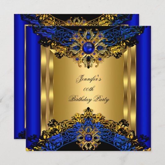 Elite Royal Blue Gem Gold Black Birthday Party 2 Kaart (Voorkant / Achterkant)