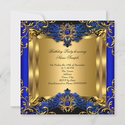 Elite Royal Blue Gem Gold Black Birthday Party 2a Kaart (Achterkant)