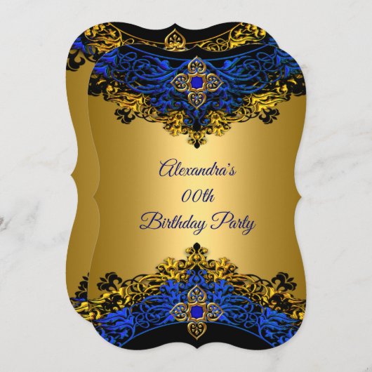 Elite Royal Blue Gem Gold Black Birthday Party Kaart (Voorkant / Achterkant)