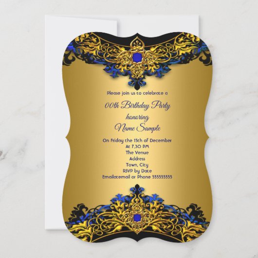 Elite Royal Blue Gem Gold Black Birthday Party Kaart (Achterkant)
