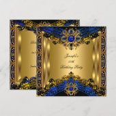 Elite Royal Blue Gem Gold Black Birthday Party Kaart (Voorkant / Achterkant)