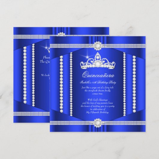 Elite Royal Blue Princess Quinceanera Diamond Kaart (Voorkant / Achterkant)