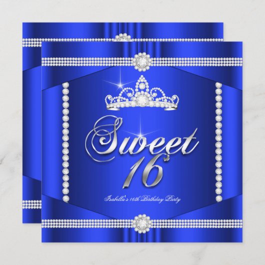 Elite Royal Blue Princess Sweet 16 Party Diamond Kaart (Voorkant / Achterkant)