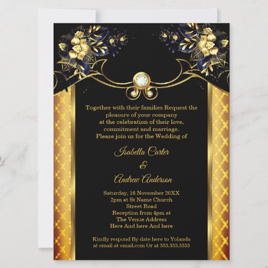 Elite Wedding Gold Black Floral Diamonds Kaart (Achterkant)