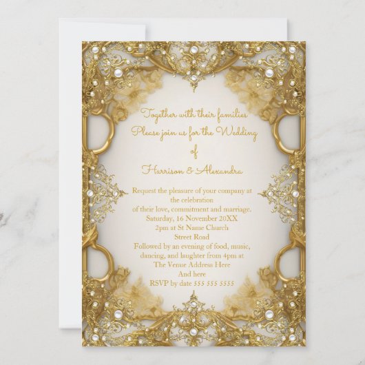 Elite Wedding Gold White beige Cream Pearls Lijst Kaart (Achterkant)
