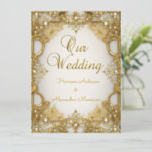 Elite Wedding Gold White beige Cream Pearls Lijst Kaart (Staand voorkant)