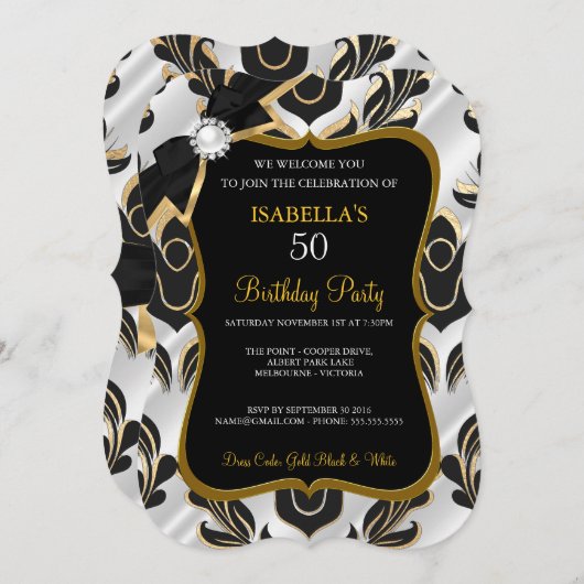 Elite White Pearl Gold Black Damask Party nodigt u Kaart (Voorkant / Achterkant)