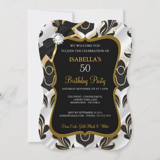 Elite White Pearl Gold Black Damask Party nodigt u Kaart (Voorkant)