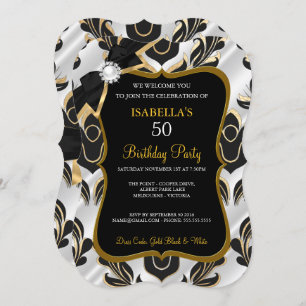 Elite White Pearl Gold Black Damask Party nodigt u Kaart