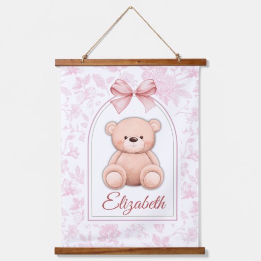 Elizabeth | Aangepaste Roze Teddybeer Nursery Desi Hangend Wandkleed (Voorkant)