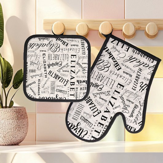 Elizabeth Black White Aangepaste naam Ovenwant & Pannenlap Set