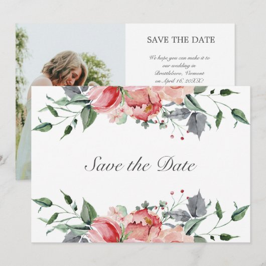 Elizabeth Elegant Roze Bloemen Bruiloft Save The D Date (Voorkant / Achterkant)