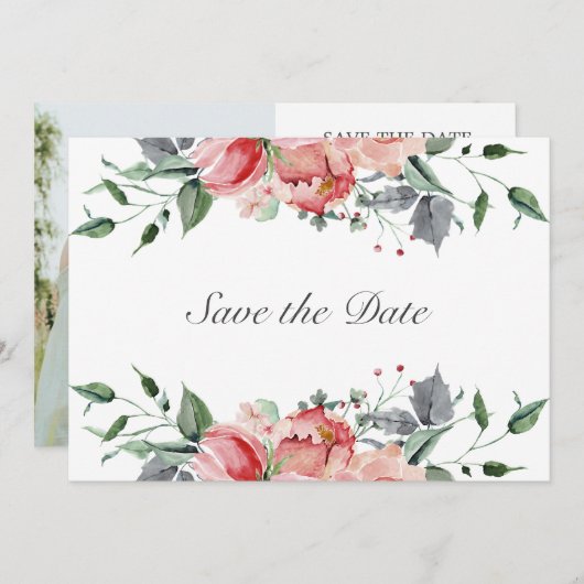 Elizabeth Elegant Roze Bloemen Bruiloft Save The D Save The Date (Voorkant / Achterkant)
